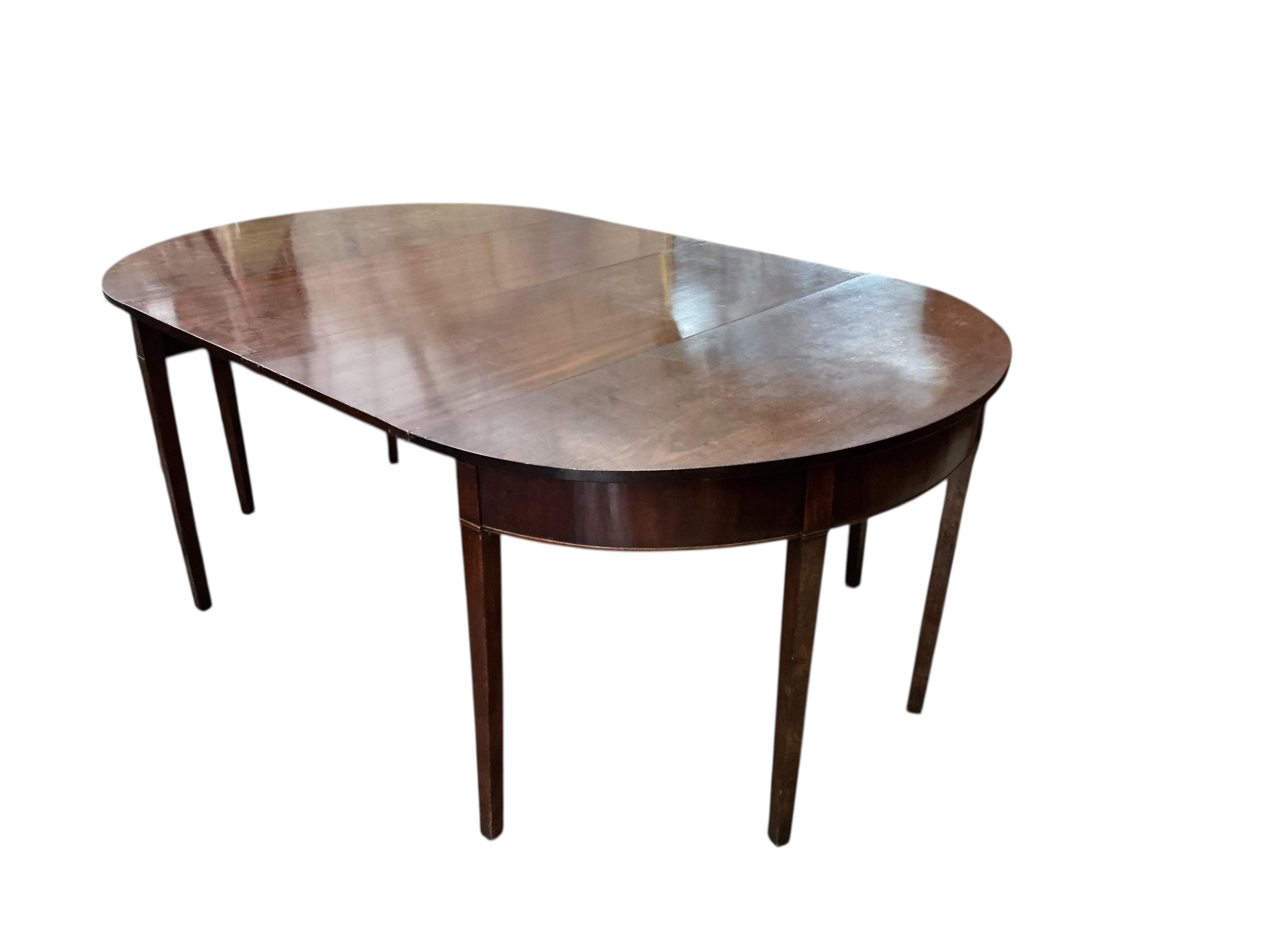 A George III mahogany D end extending dining table, width 194cm extended, two spare leaves , depth 118cm, height 73cm (no clips)